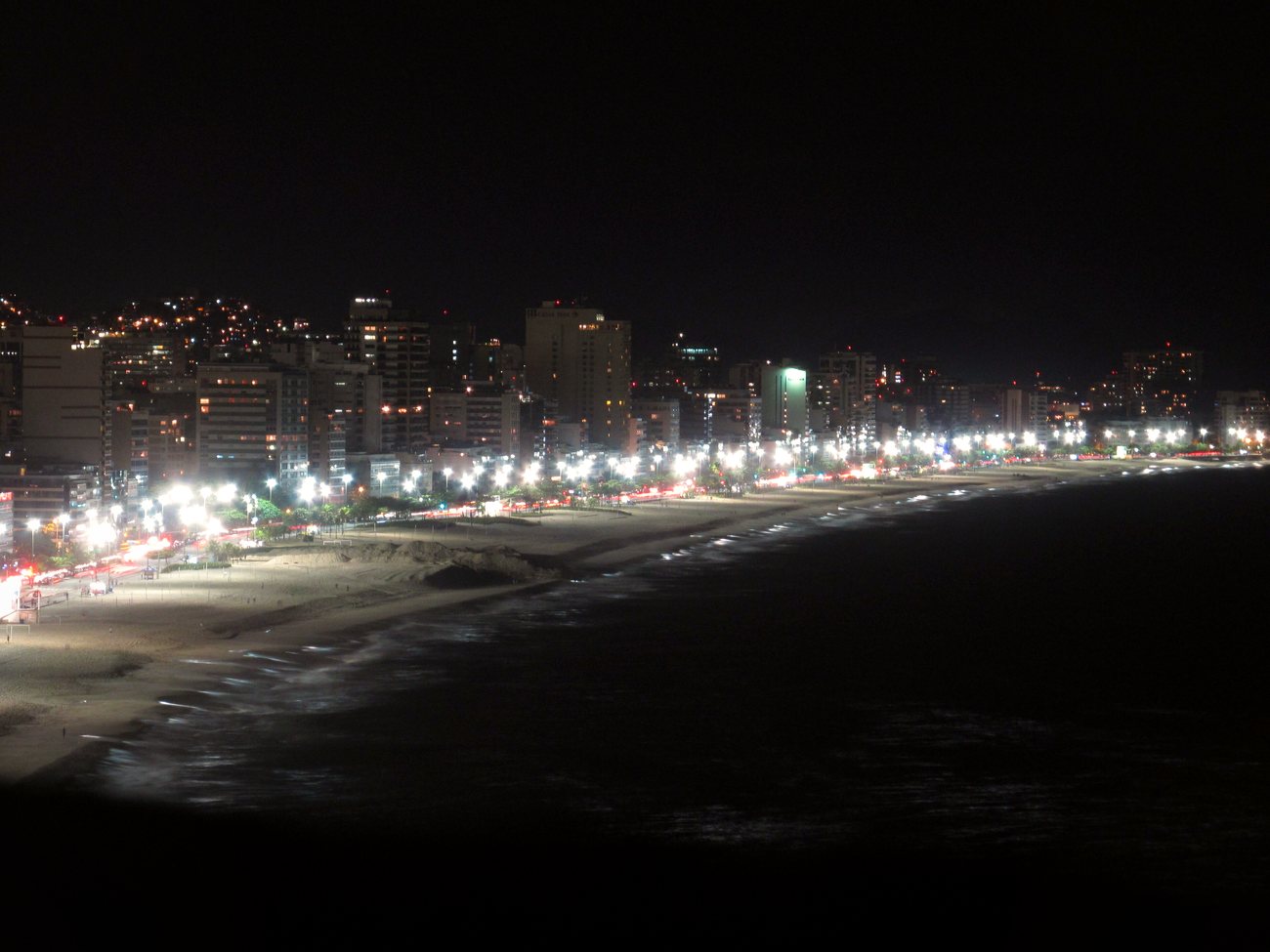 Leblon beach with the Dois Irmaos peaks behind and residential towers along the seafront