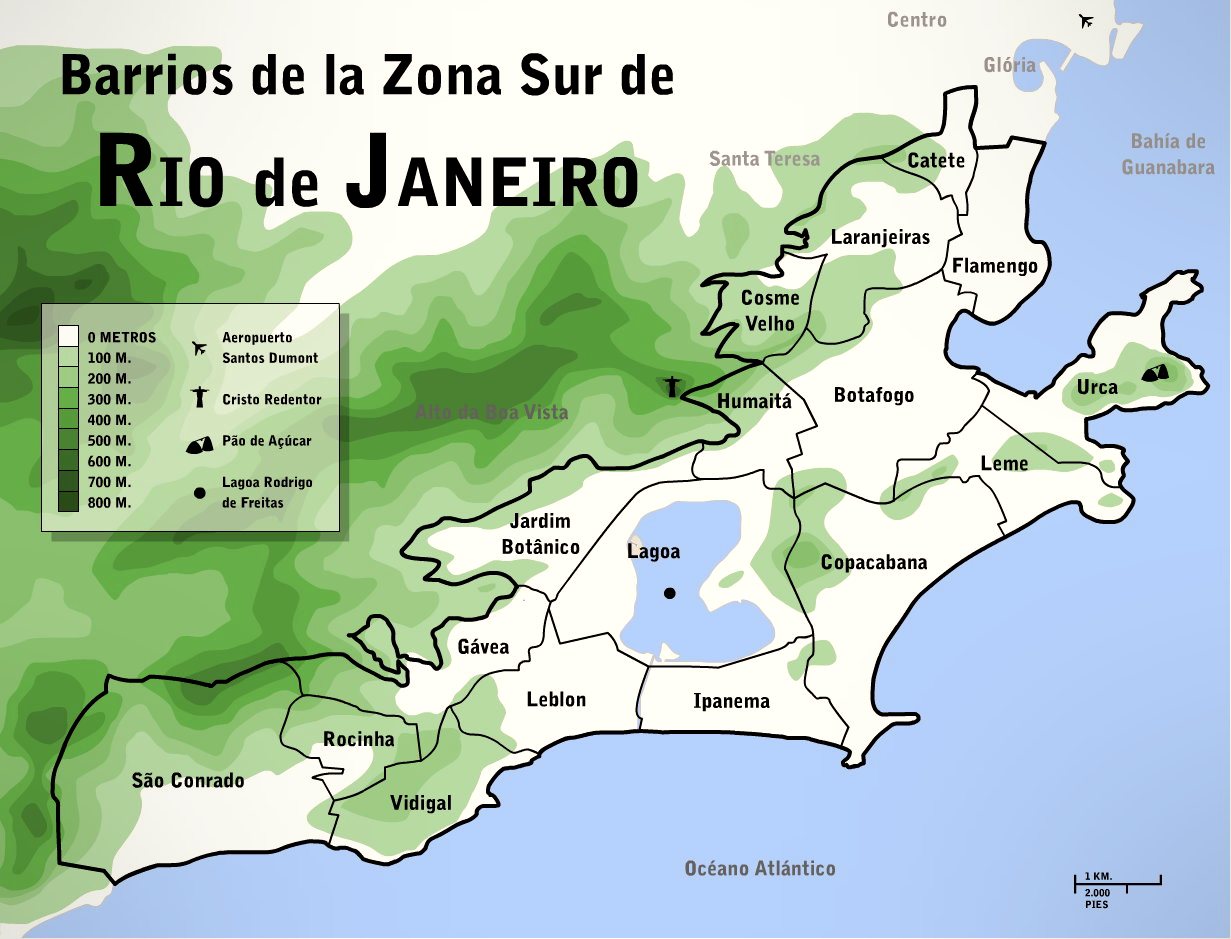 Map showing the South Zone neighborhoods of Rio de Janeiro along the coast