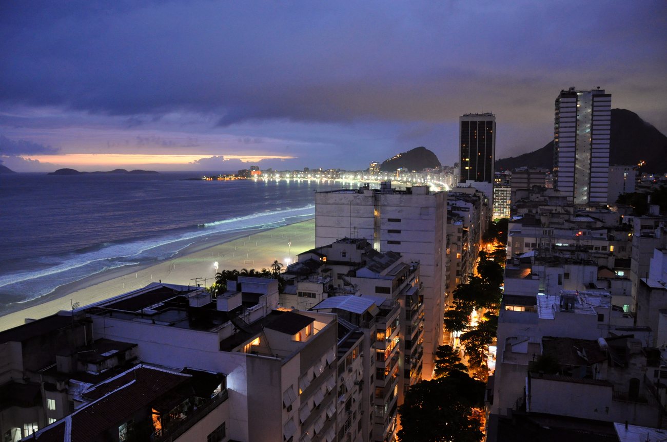 Copacabana beach and its wave-patterned promenade with apartment buildings behind