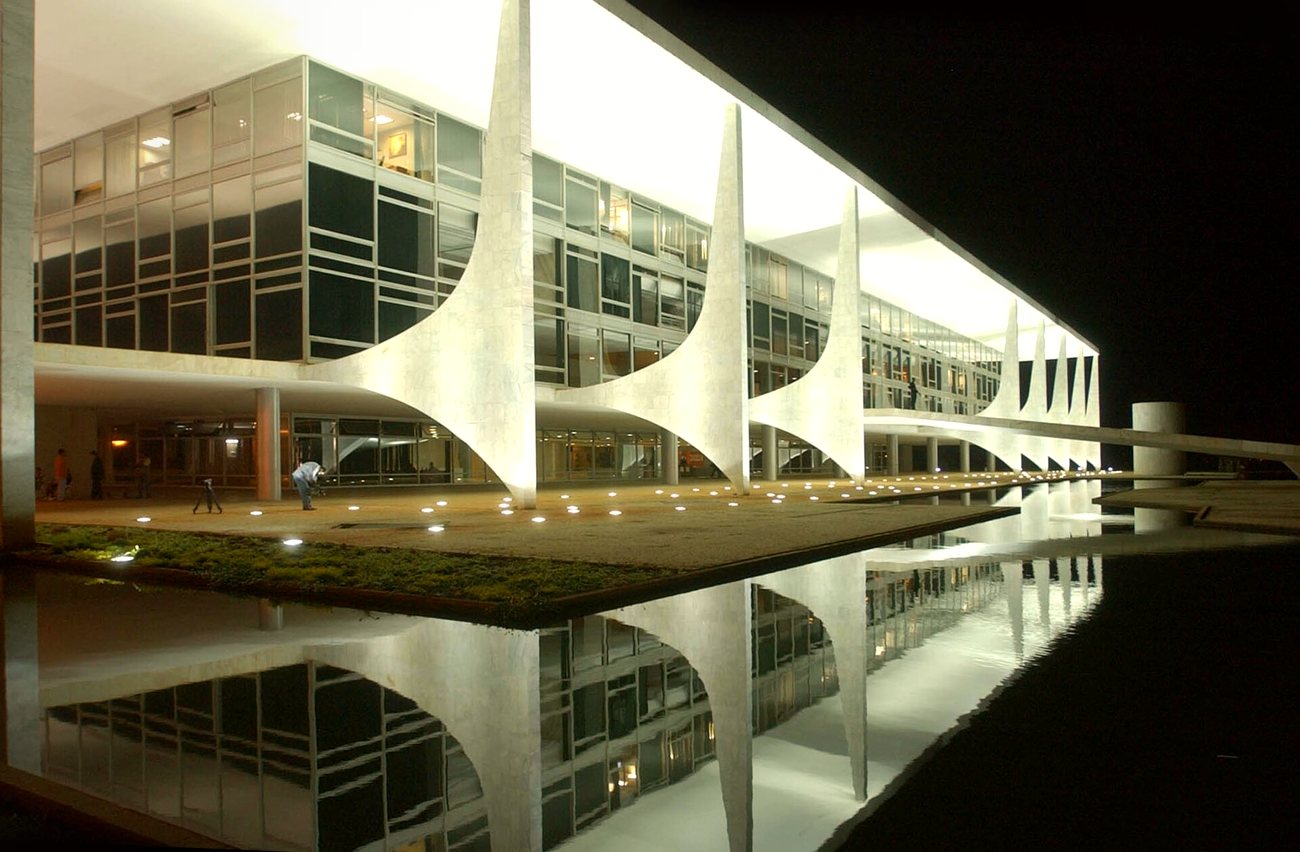 The Planalto Palace in Brasília lit up at night and reflected in the pool in front of it