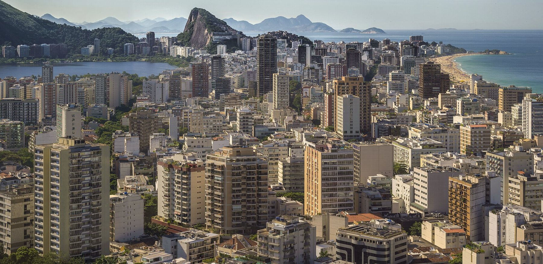 Apartment towers of Ipanema and Leblon in Rio de Janeiro with the Lagoa lagoon, Pedra da Gávea and the Atlantic beach