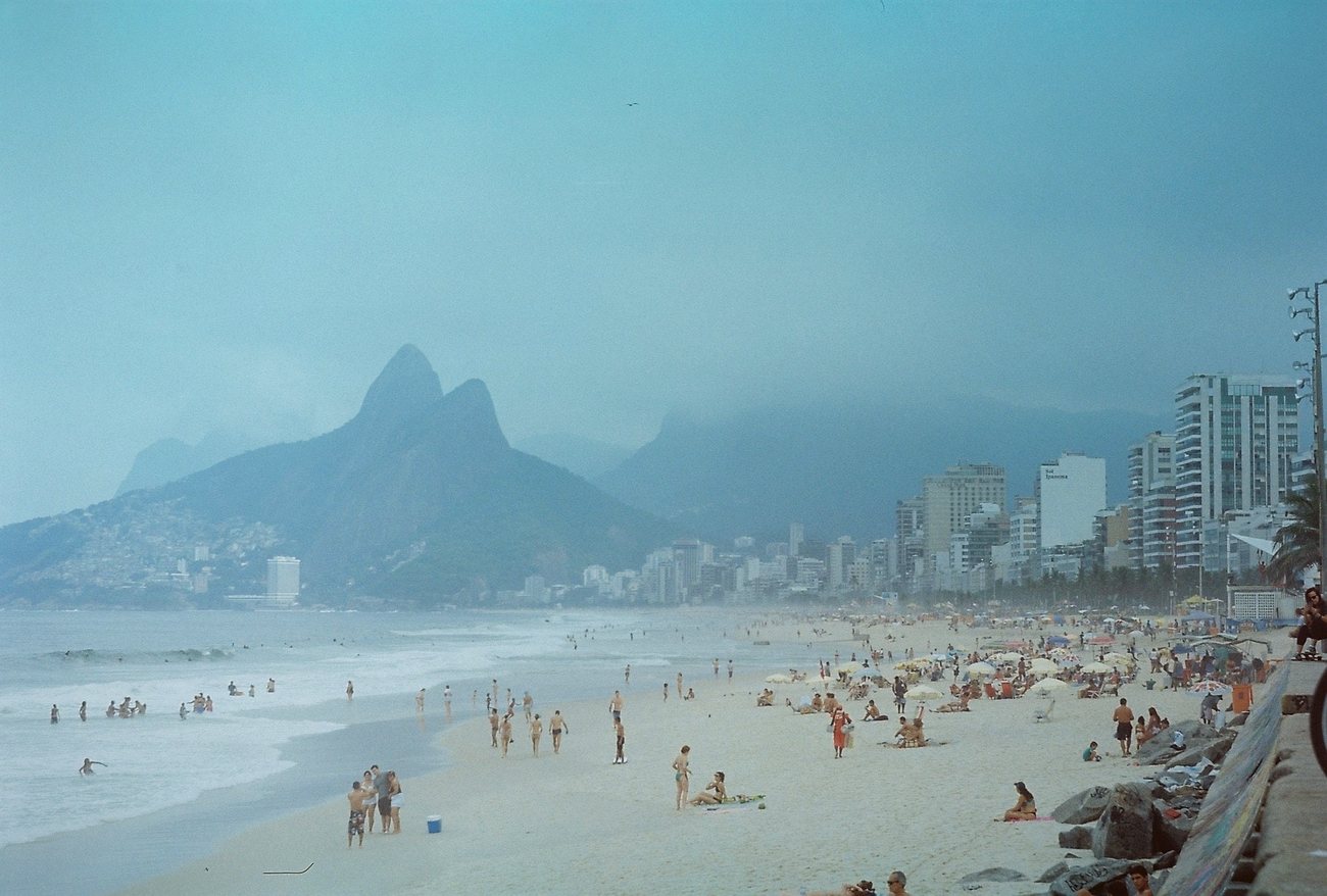 Ipanema Beach with Dois Irmãos mountain and the high-rise apartment buildings of Ipanema and Leblon on a hazy day