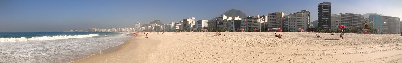 Aerial view of Copacabana beach and its dense line of apartment buildings in Rio de Janeiro
