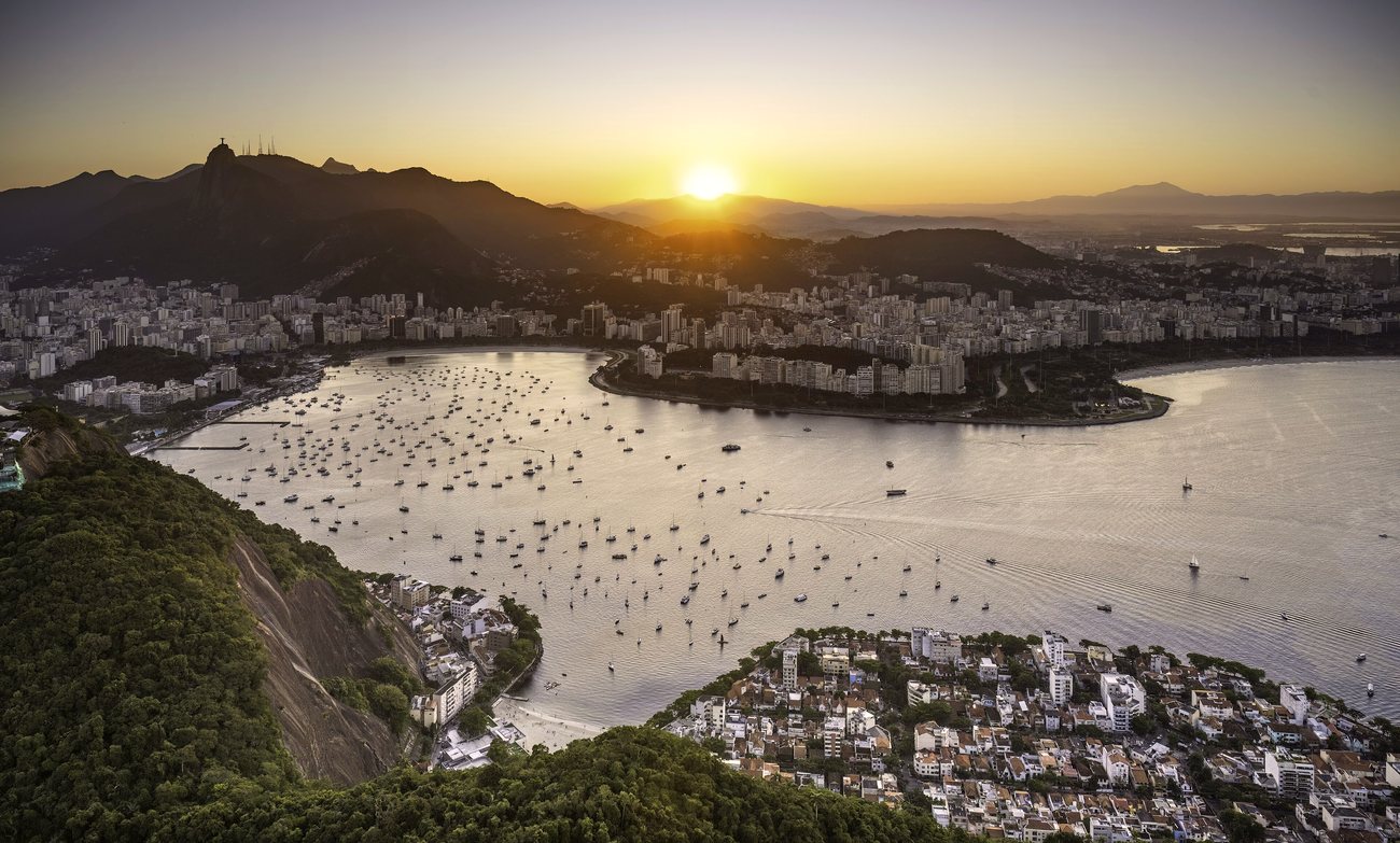 Botafogo bay in Rio de Janeiro with Sugarloaf mountain behind residential buildings