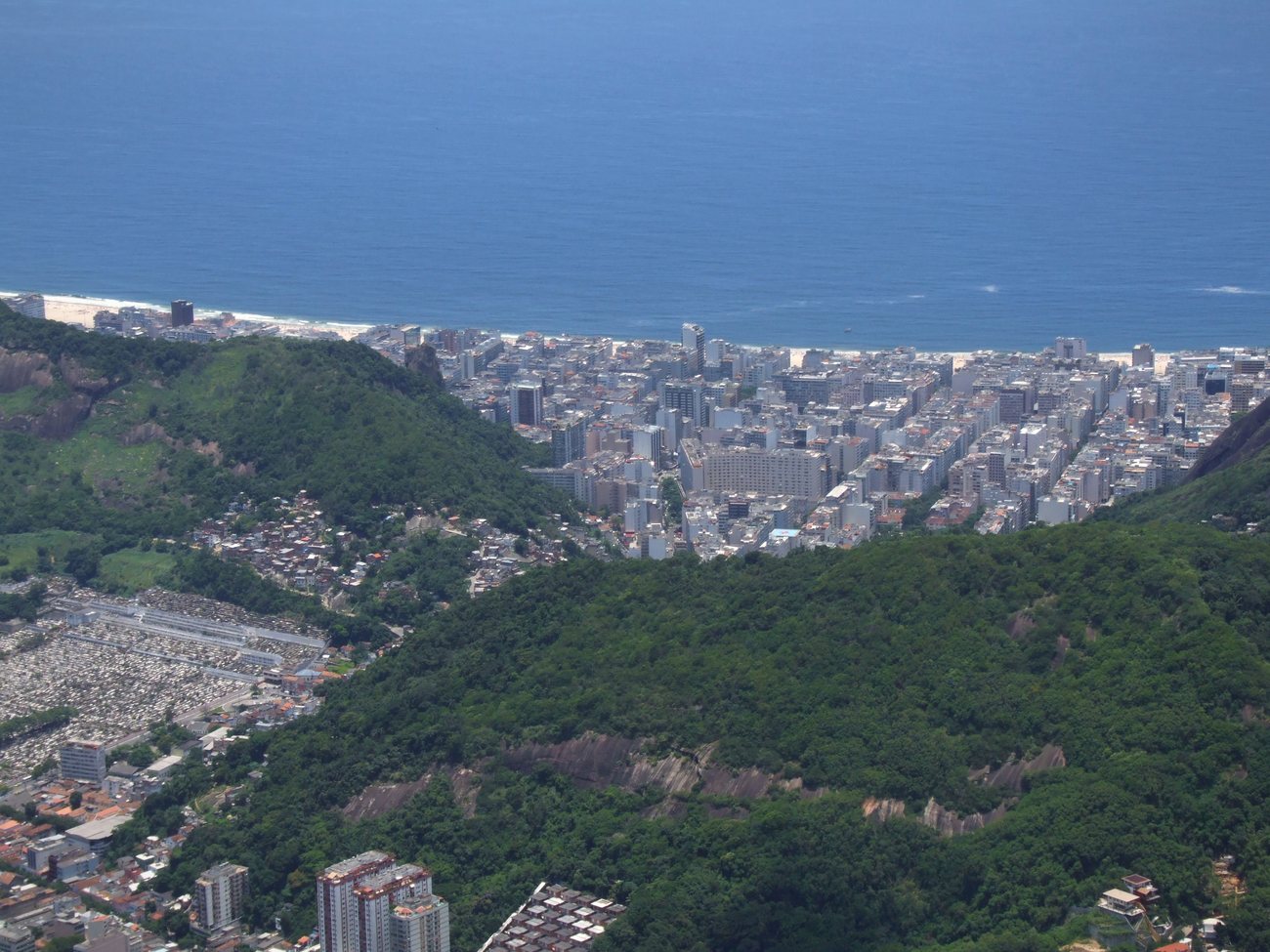 Aerial view of Copacabana beach and its curving apartment-lined avenue