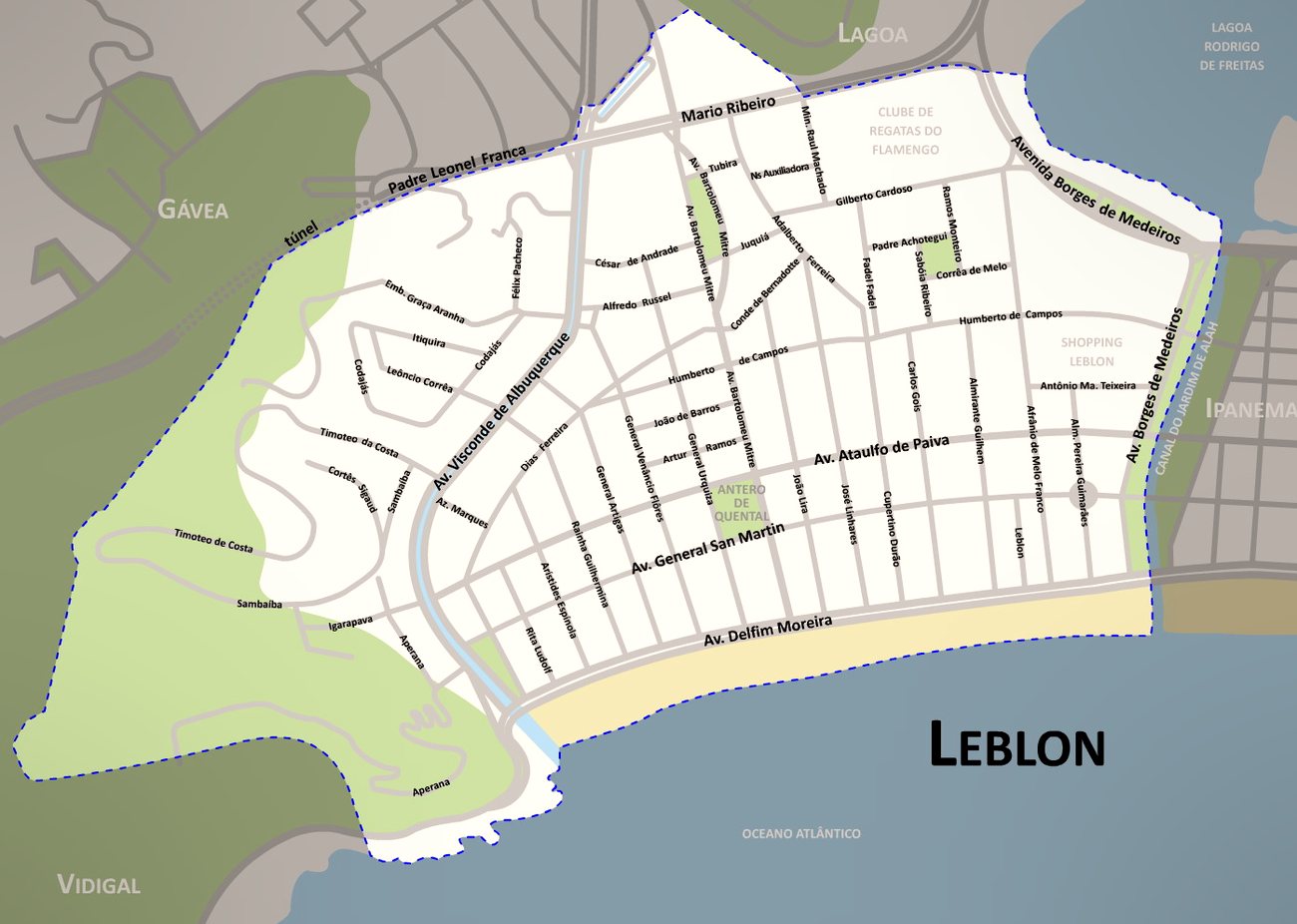 Aerial view of Leblon's dense apartment blocks meeting the beach in Rio