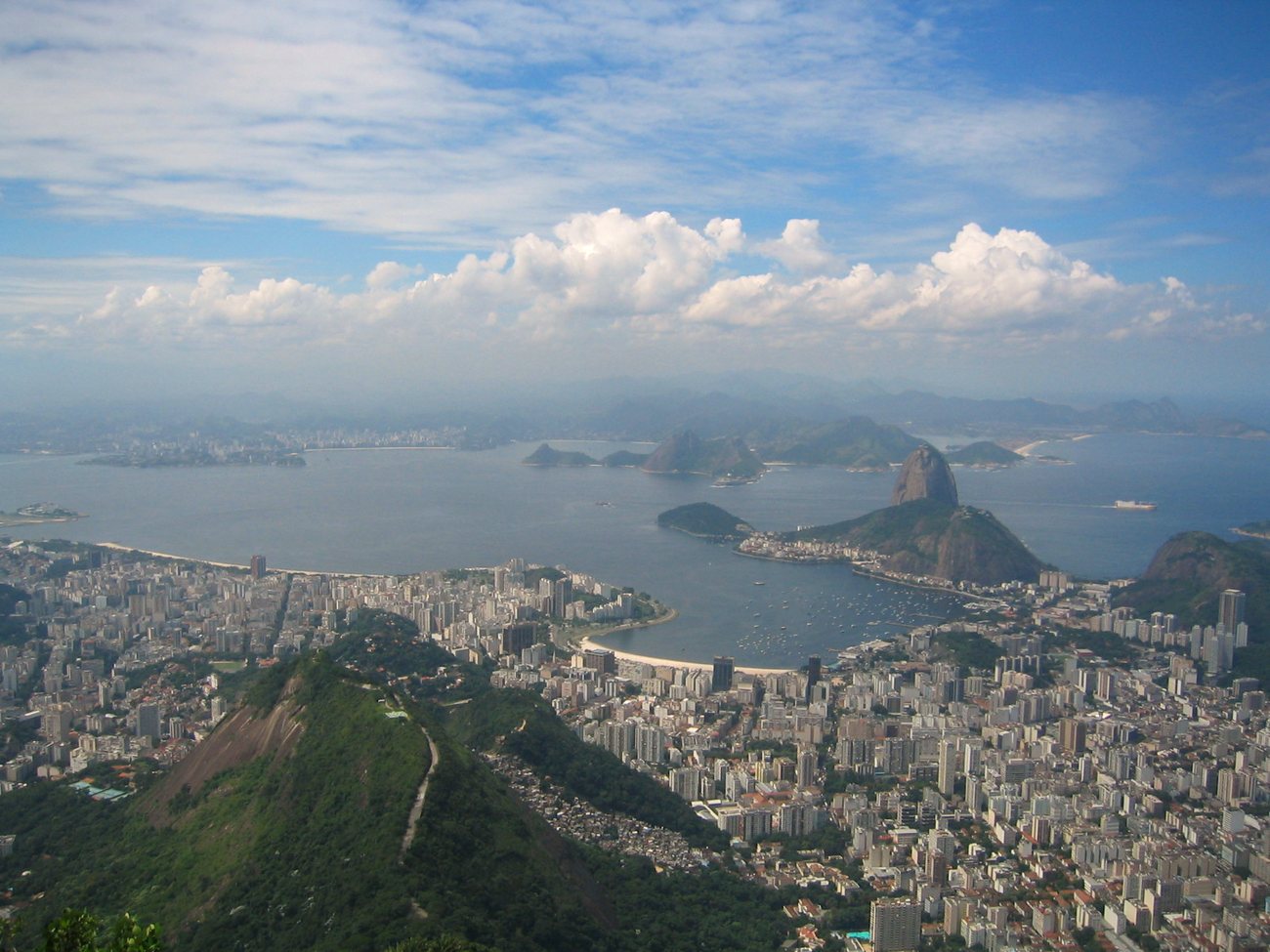 Dense apartment buildings behind the curve of Copacabana beach