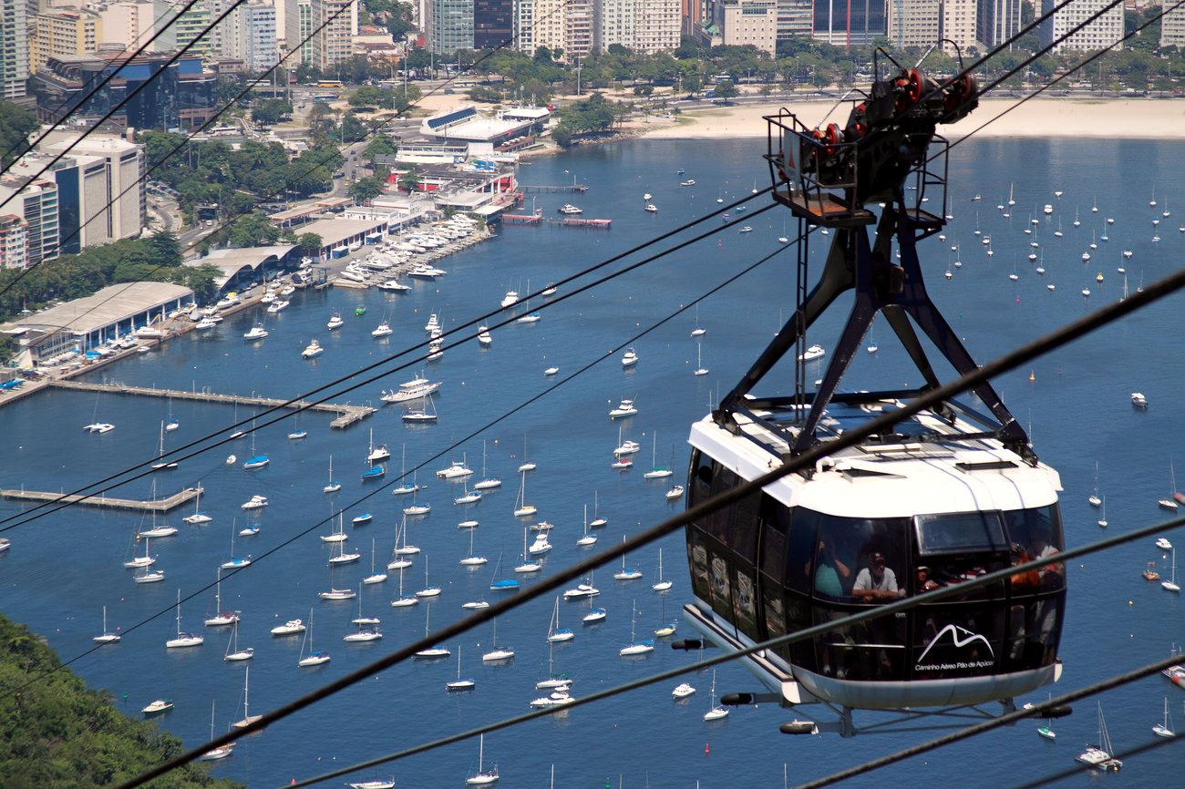Sugarloaf Mountain over Botafogo bay with the cable car line