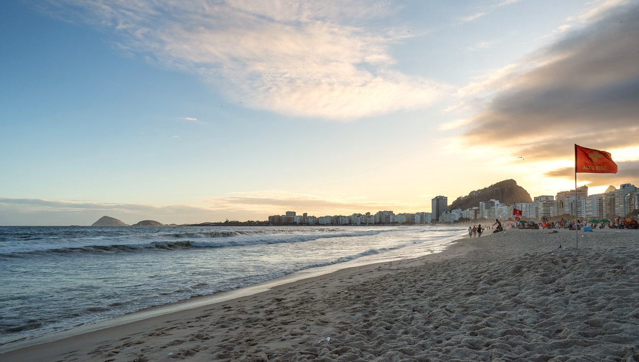 Dense line of apartment buildings along Copacabana beach in Rio de Janeiro