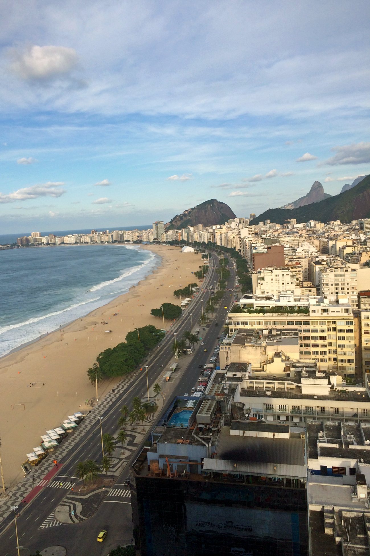 Aerial view of residential towers behind Copacabana beach